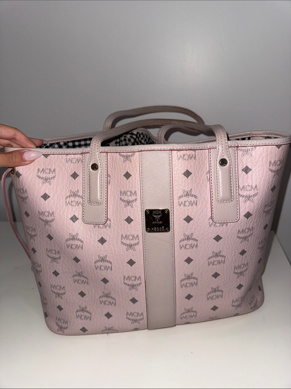 Authentic MCM Pale Pink Logo Pattern Tote with Center Stripe